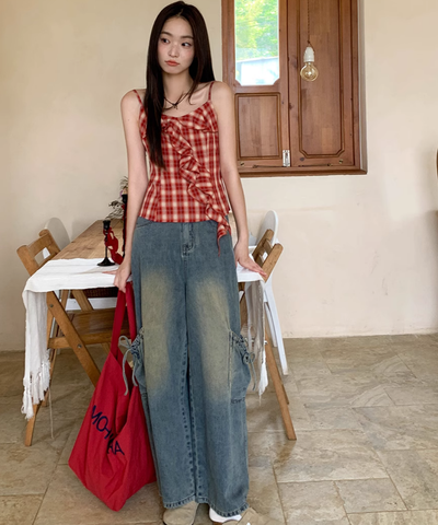 ドローストリング付きカーゴポケットワイドデニムパンツ