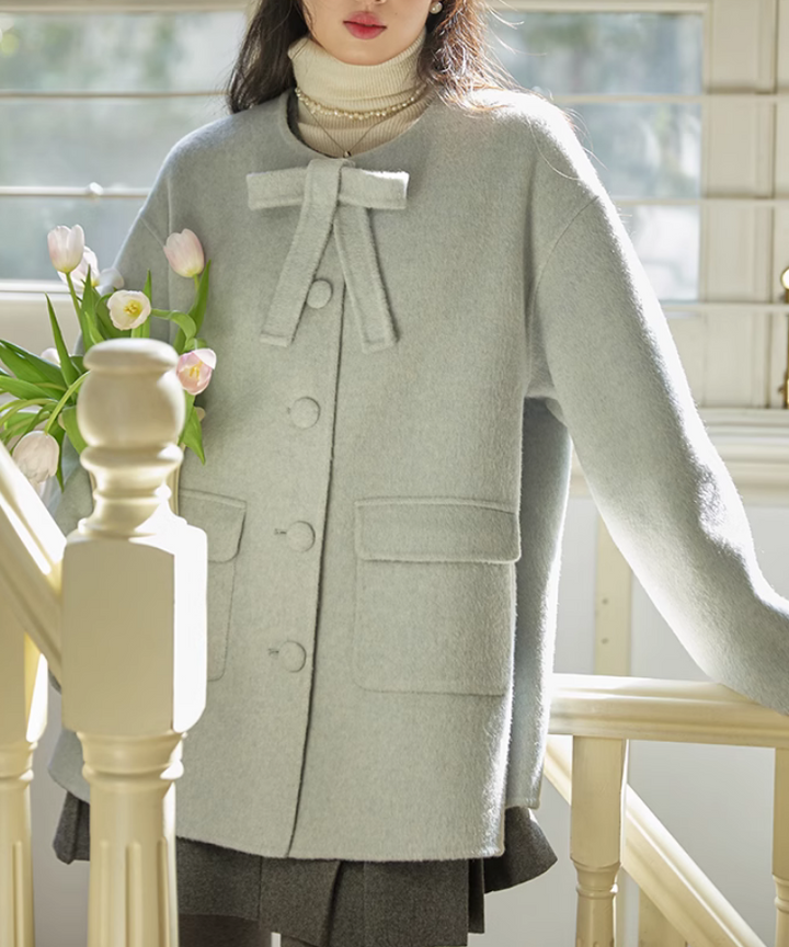 ノーカラーリボンタイミドルウールコート – jemiremi（ジェミレミ）