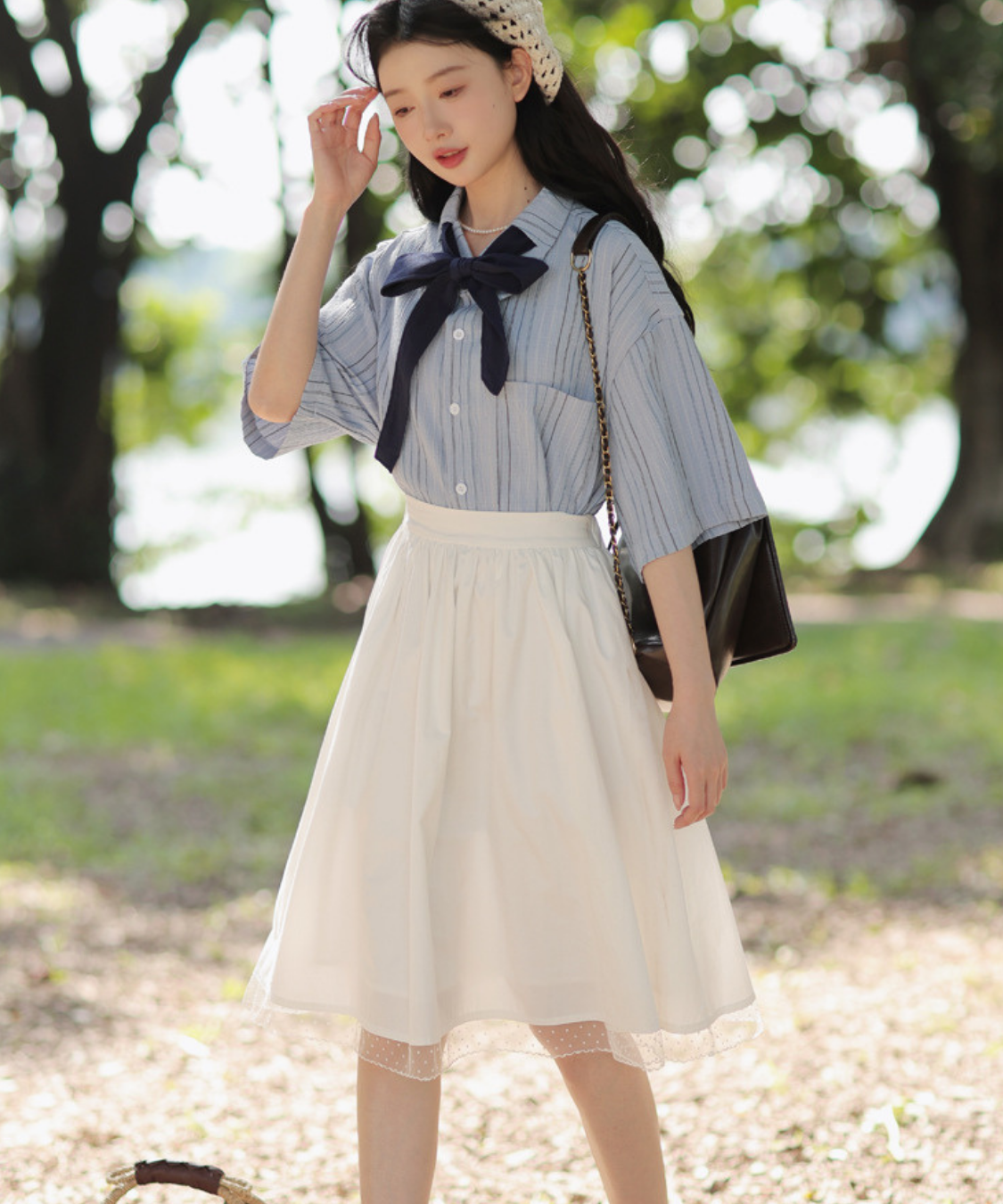 五分袖ストライプリボンブラウス