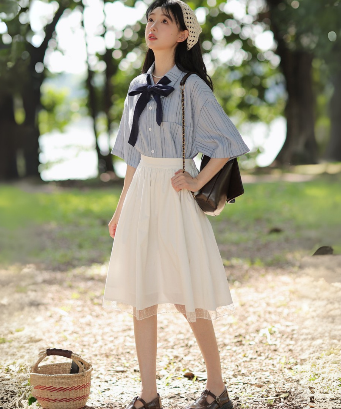 五分袖ストライプリボンブラウス