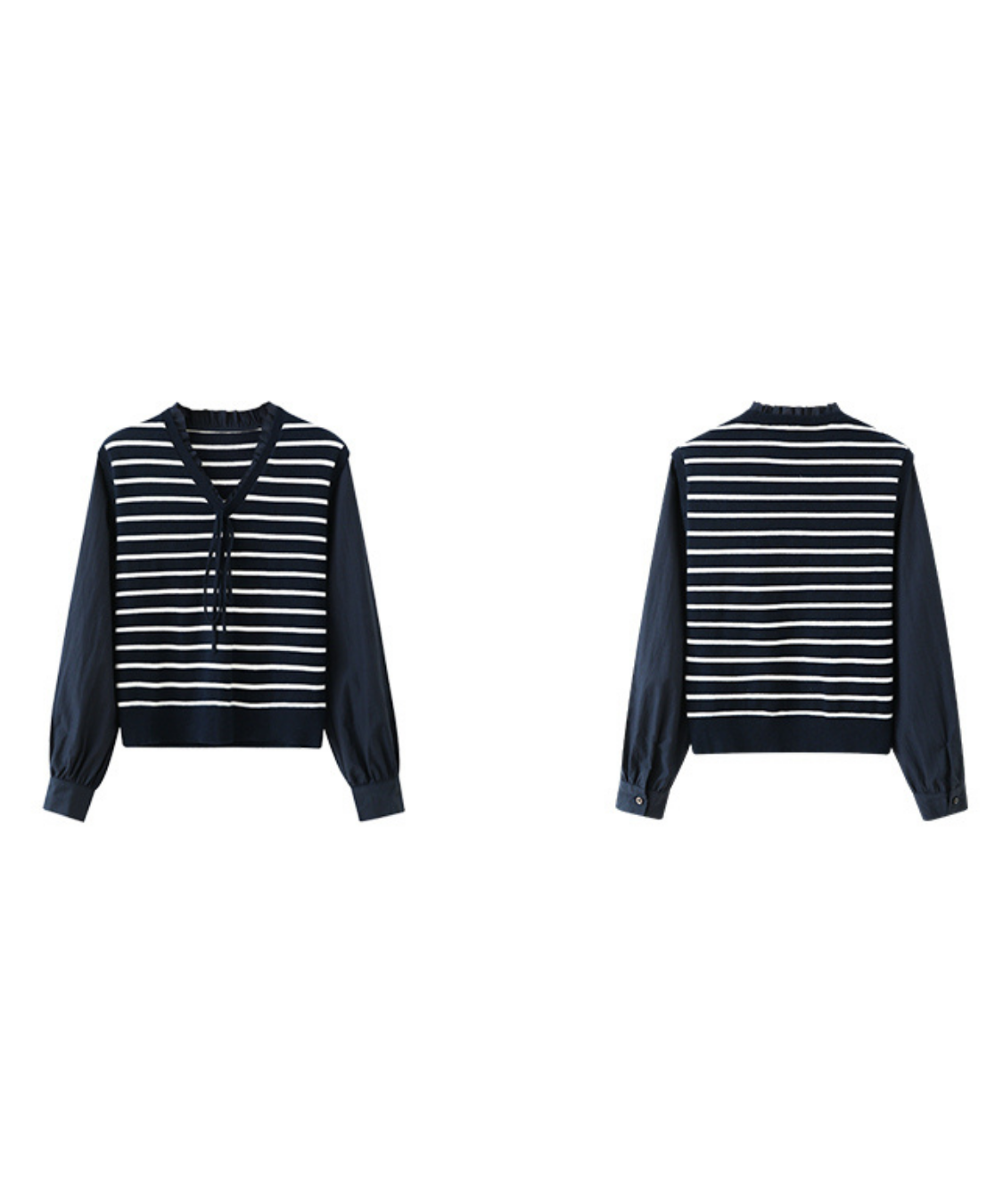 フリル付きVネックボーダーニット切替長袖ブラウス