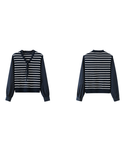 フリル付きVネックボーダーニット切替長袖ブラウス