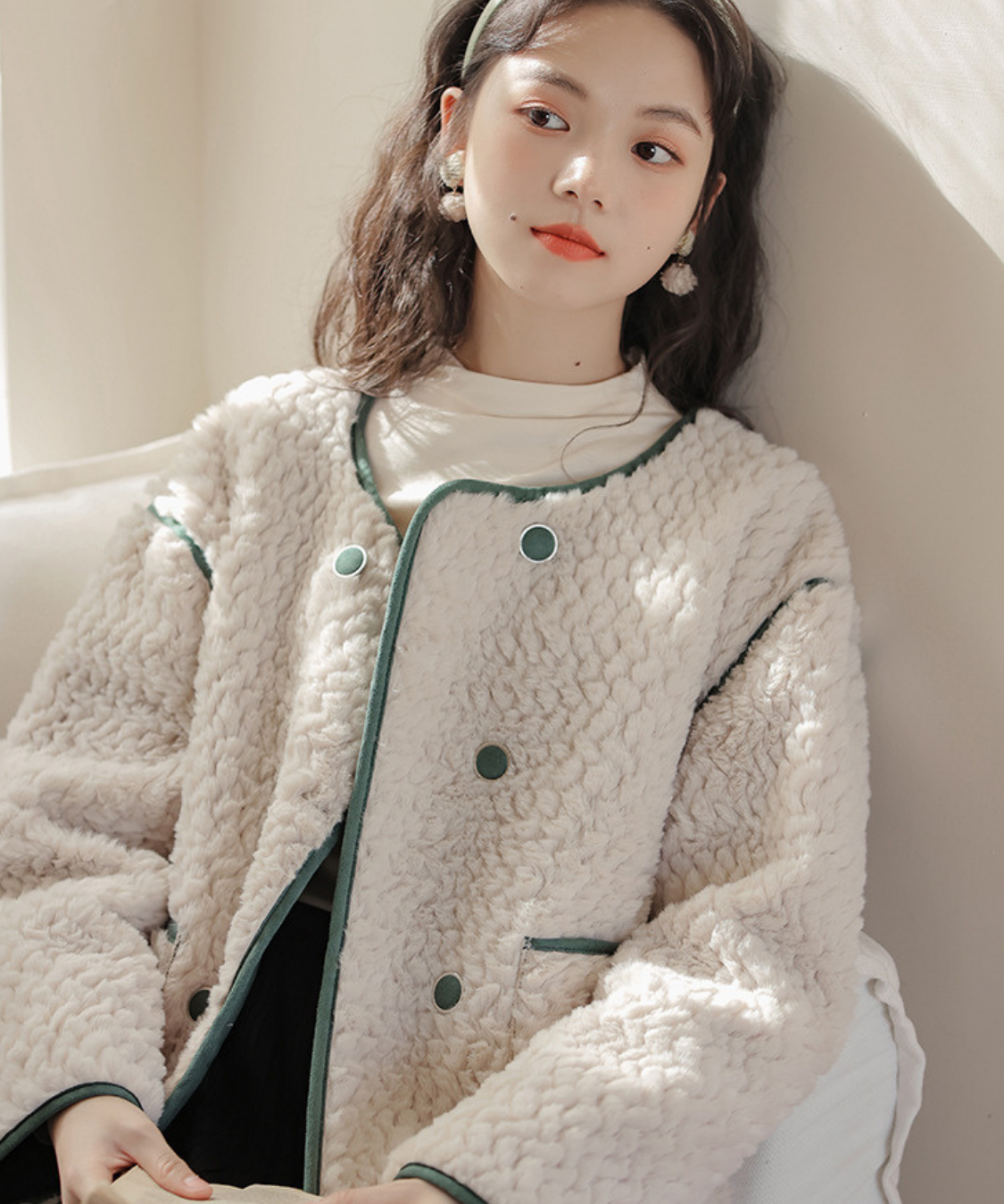 配色パイピングダブルボタンボアジャケット