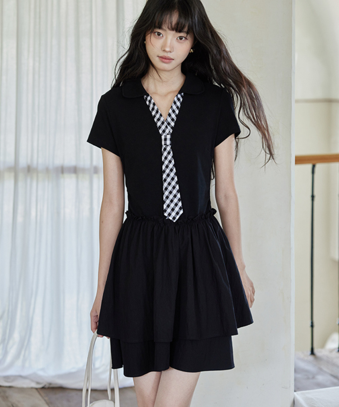 ギンガムチェックフェイクネクタイ付きティアードワンピース