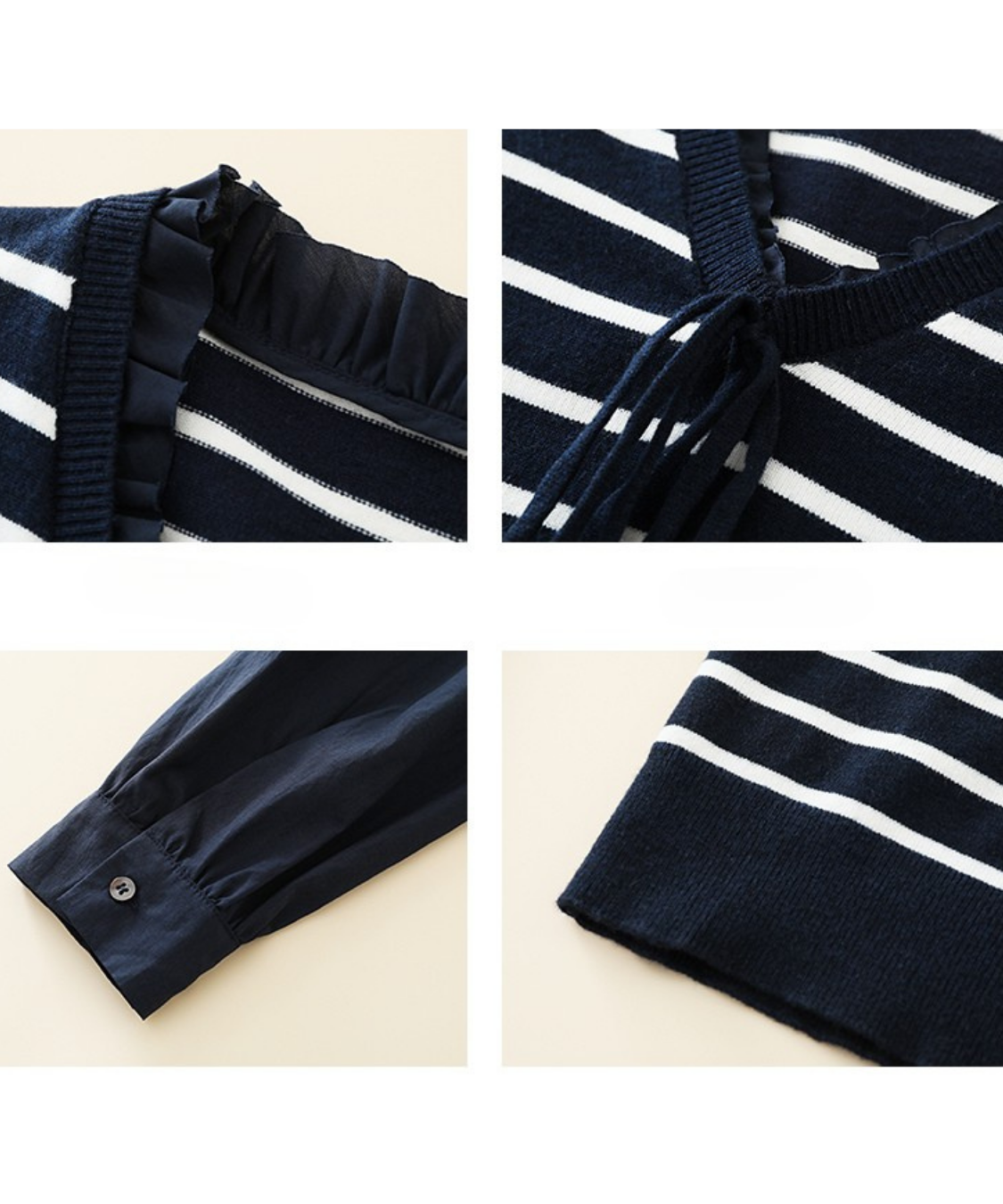 フリル付きVネックボーダーニット切替長袖ブラウス