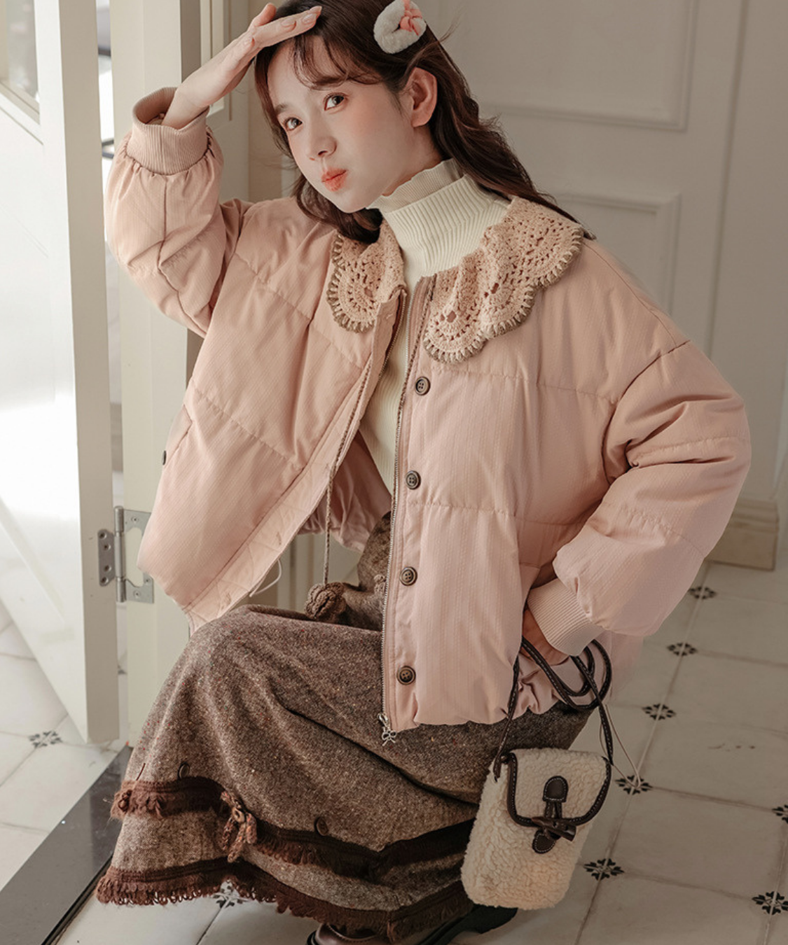 スカラップレース襟中綿ジャケット