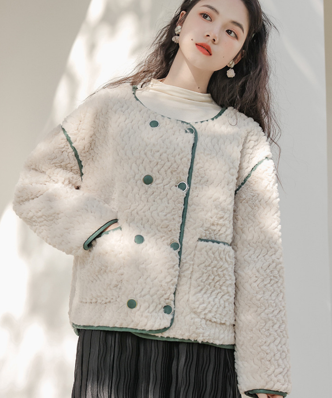 配色パイピングダブルボタンボアジャケット