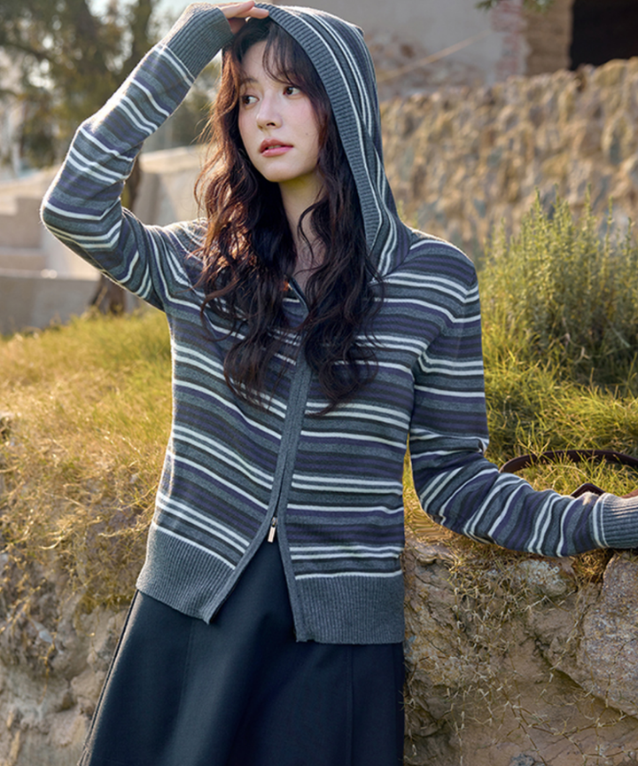 Wジップボーダーフードカーディガン – jemiremi（ジェミレミ）