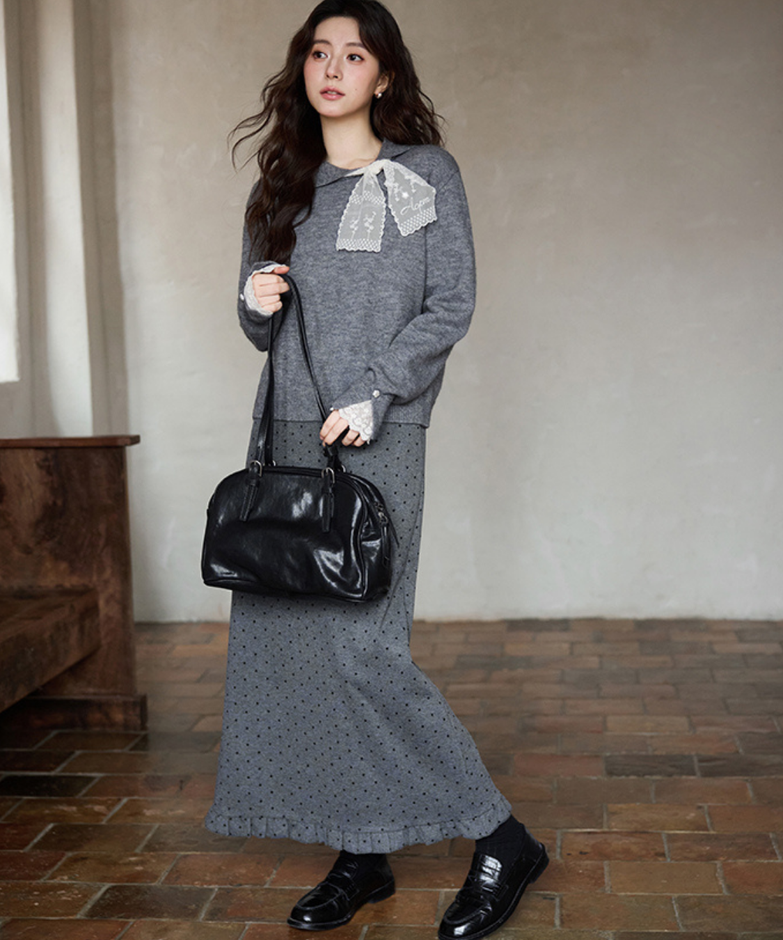 レーススカーフ付き小花ボタンニット