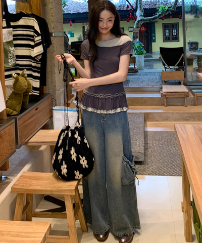 ドローストリング付きカーゴポケットワイドデニムパンツ