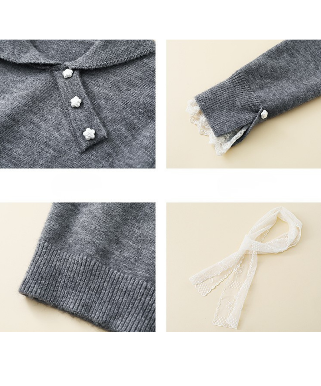 レーススカーフ付き小花ボタンニット