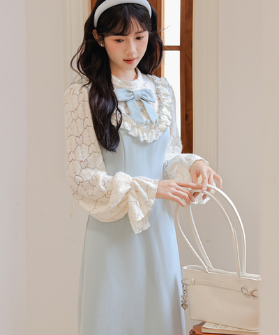 フリルリボンレーススリーブワンピース