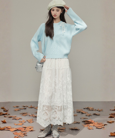 肩レースリボン付きケーブル編みニット