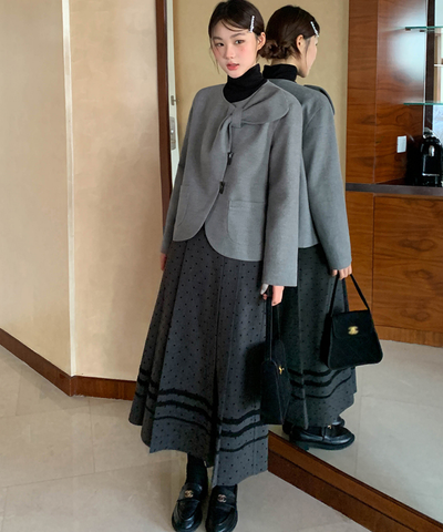 ノーカラーリボン襟トグルボタンジャケット