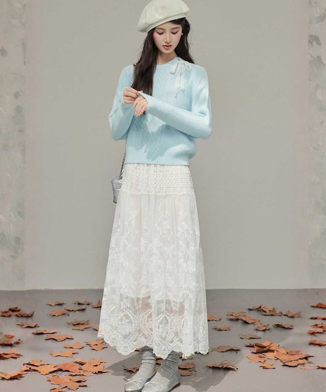 肩レースリボン付きケーブル編みニット