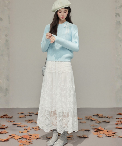 肩レースリボン付きケーブル編みニット