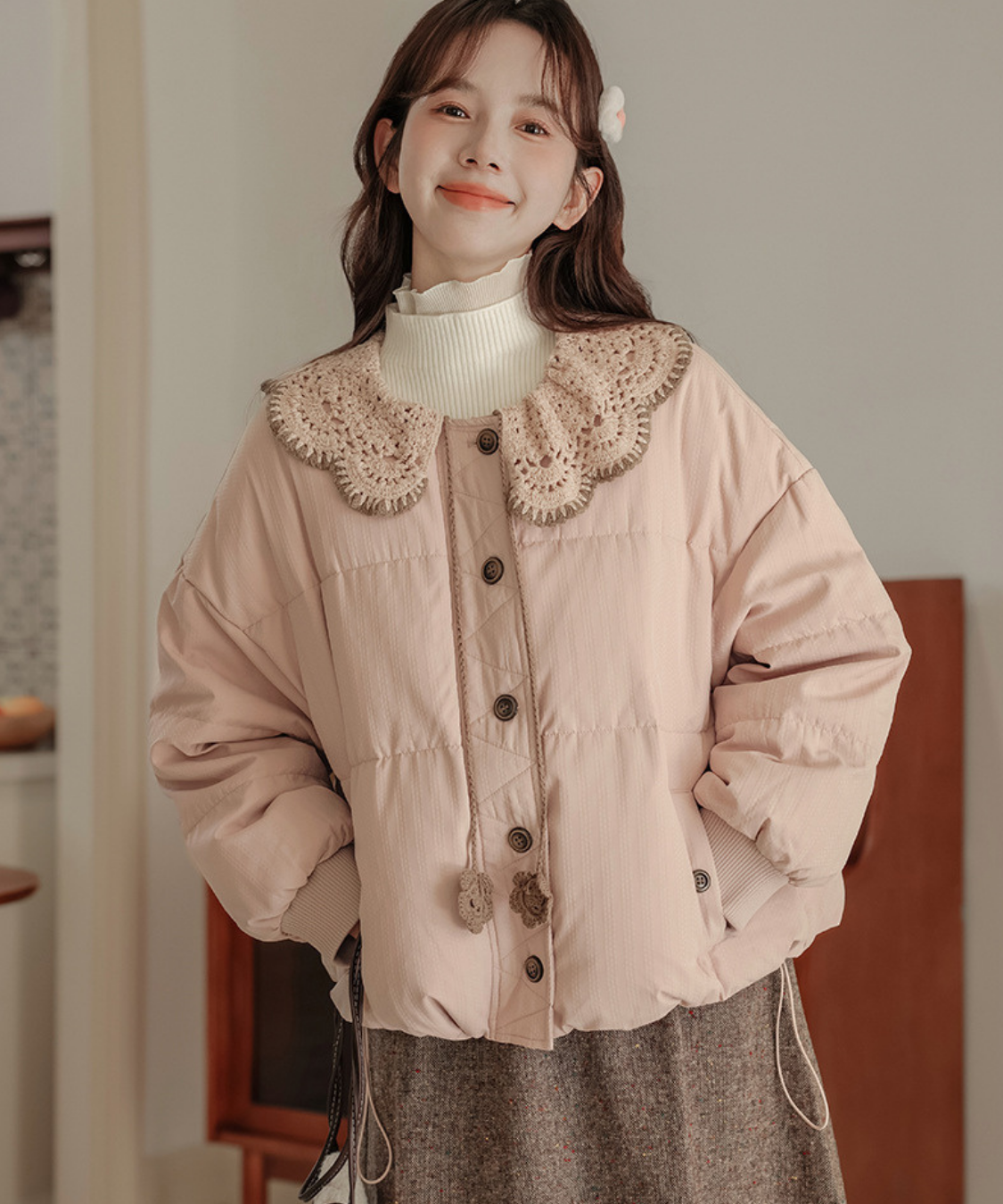 スカラップレース襟中綿ジャケット