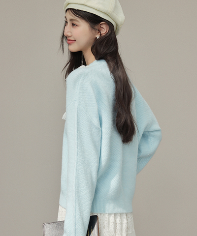 肩レースリボン付きケーブル編みニット