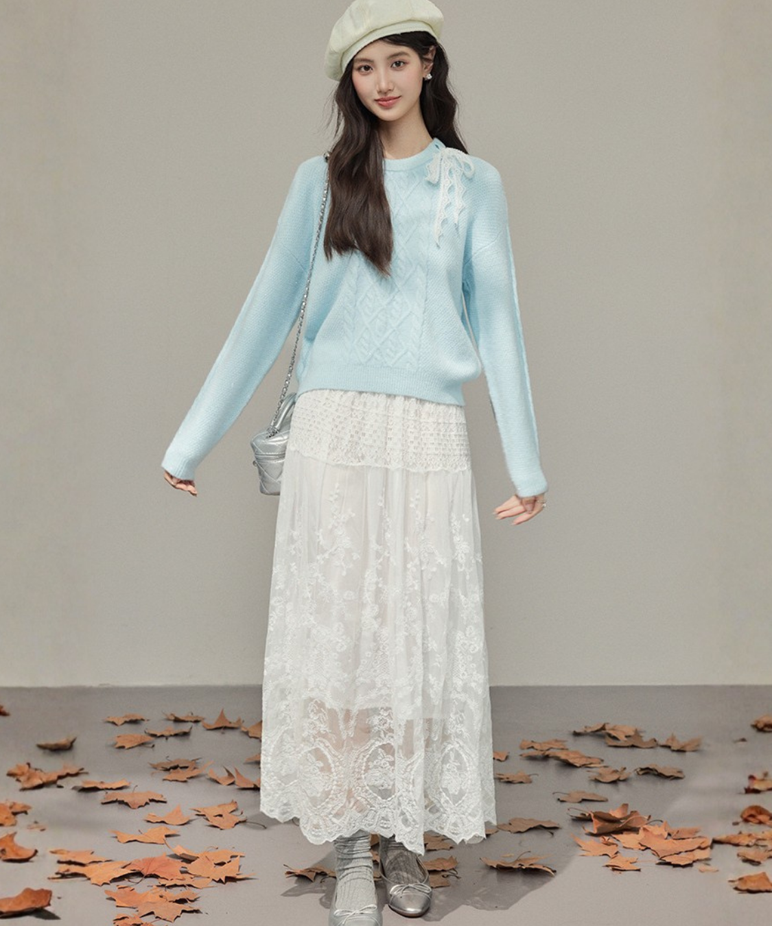 肩レースリボン付きケーブル編みニット