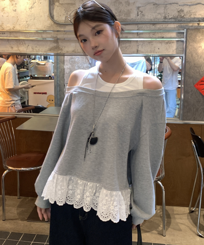 裾レース切り替えオフショル風スウェット