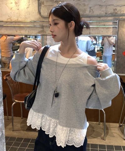 裾レース切り替えオフショル風スウェット