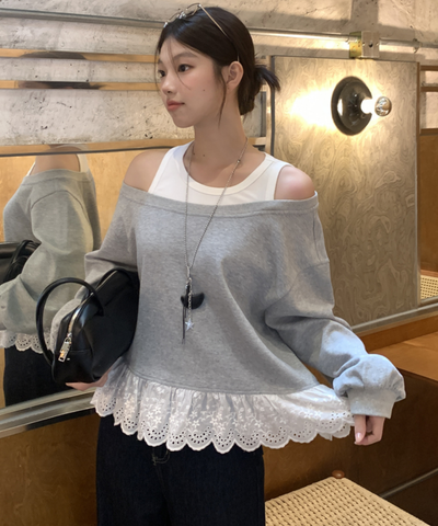 裾レース切り替えオフショル風スウェット