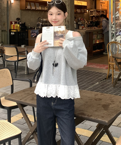 裾レース切り替えオフショル風スウェット