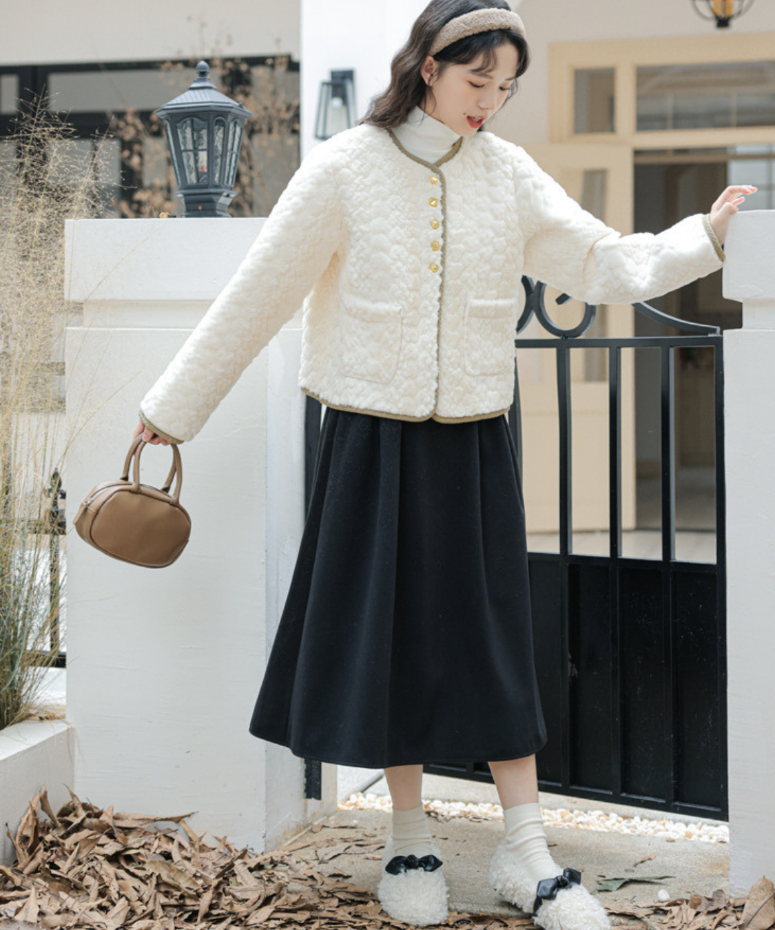 配色パイピングボアノーカラージャケット