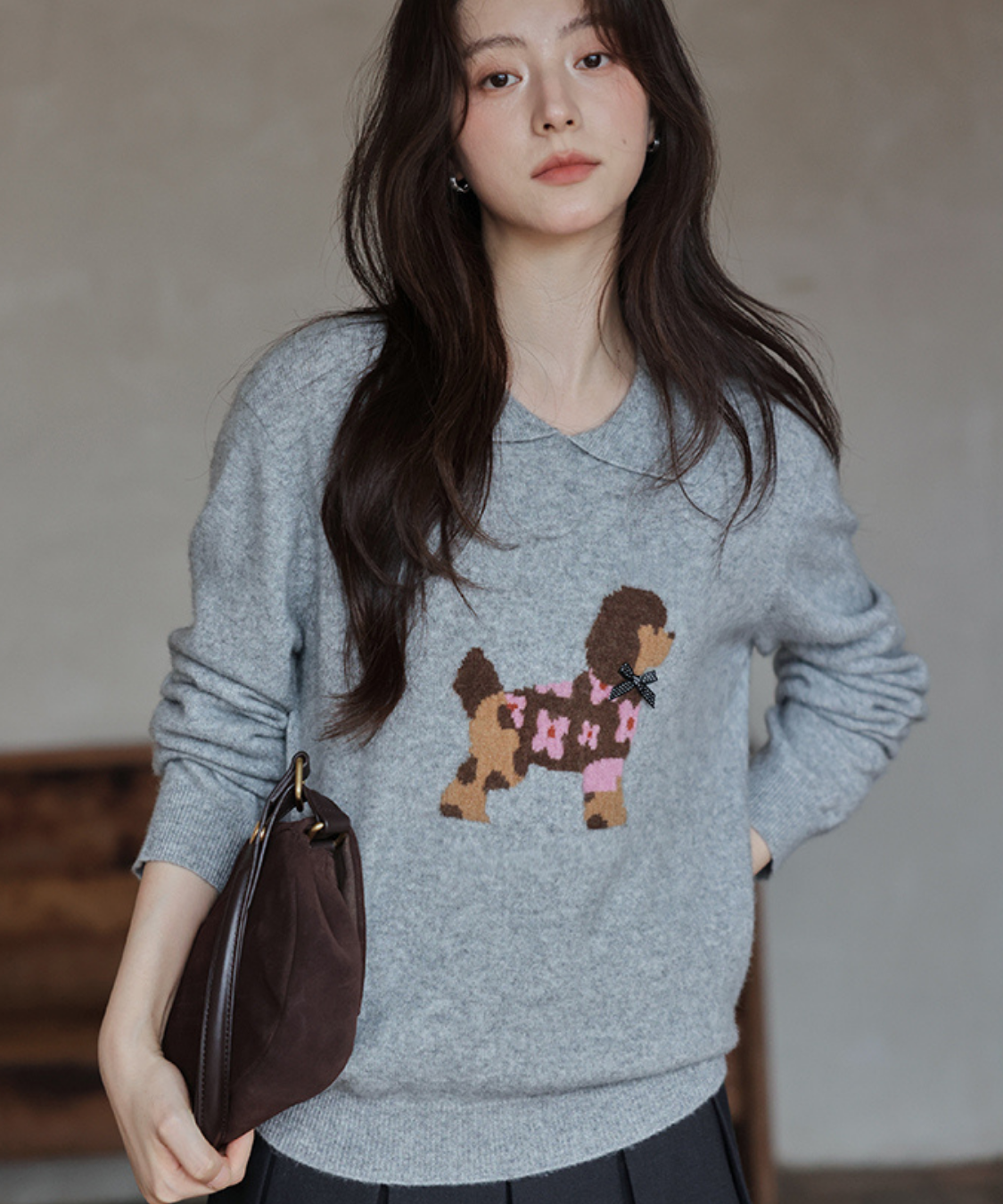 ドッグデザイン襟付きニット