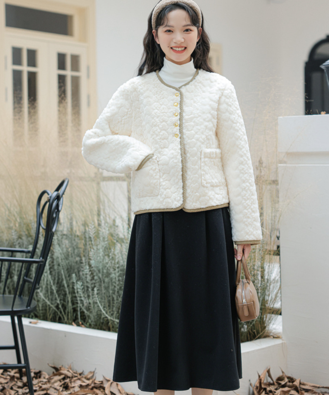 配色パイピングボアノーカラージャケット