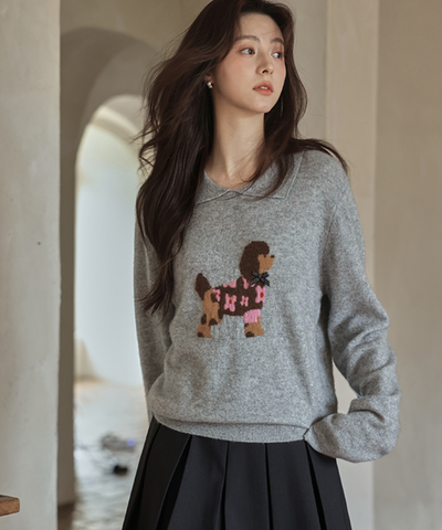 ドッグデザイン襟付きニット