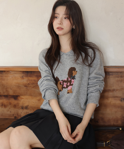 ドッグデザイン襟付きニット