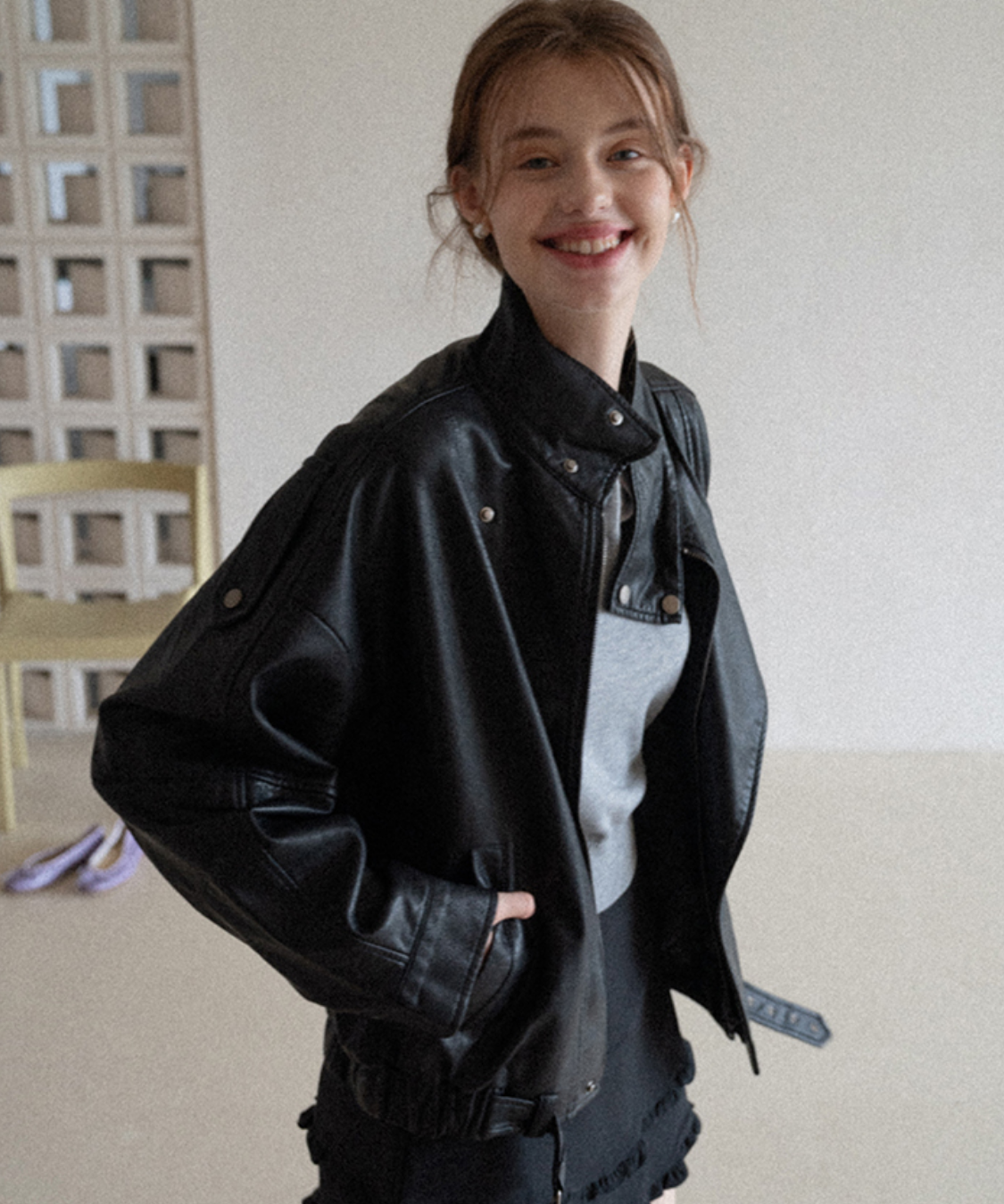 スタンドカラー ベルト付きフェイクレザーブルゾン – jemiremi