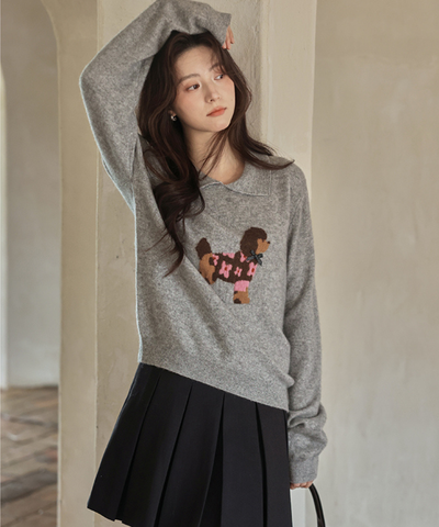 ドッグデザイン襟付きニット