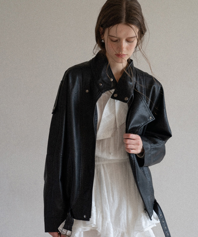 スタンドカラー ベルト付きフェイクレザーブルゾン