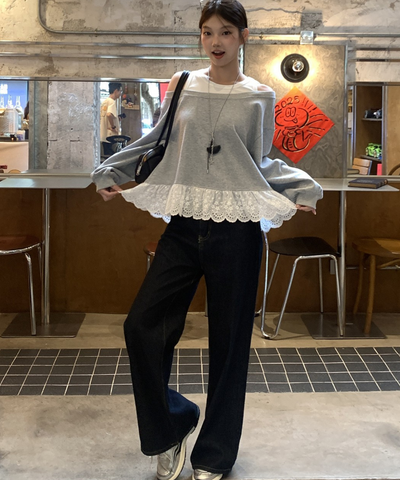 裾レース切り替えオフショル風スウェット