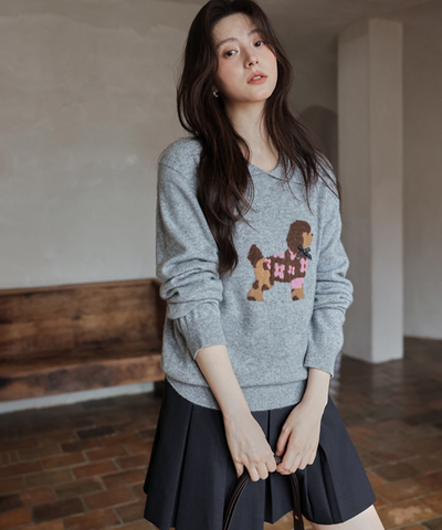 ドッグデザイン襟付きニット