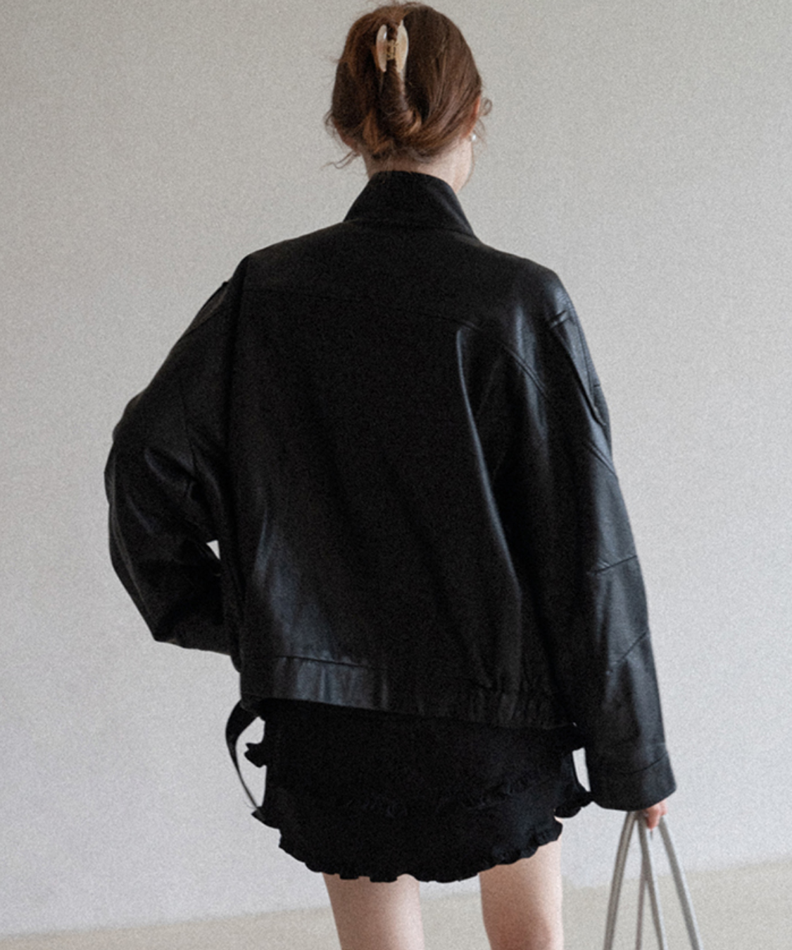 スタンドカラー ベルト付きフェイクレザーブルゾン