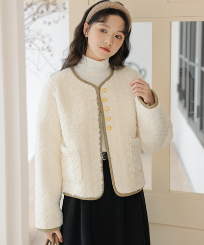 配色パイピングボアノーカラージャケット