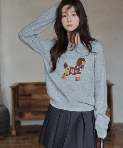 ドッグデザイン襟付きニット