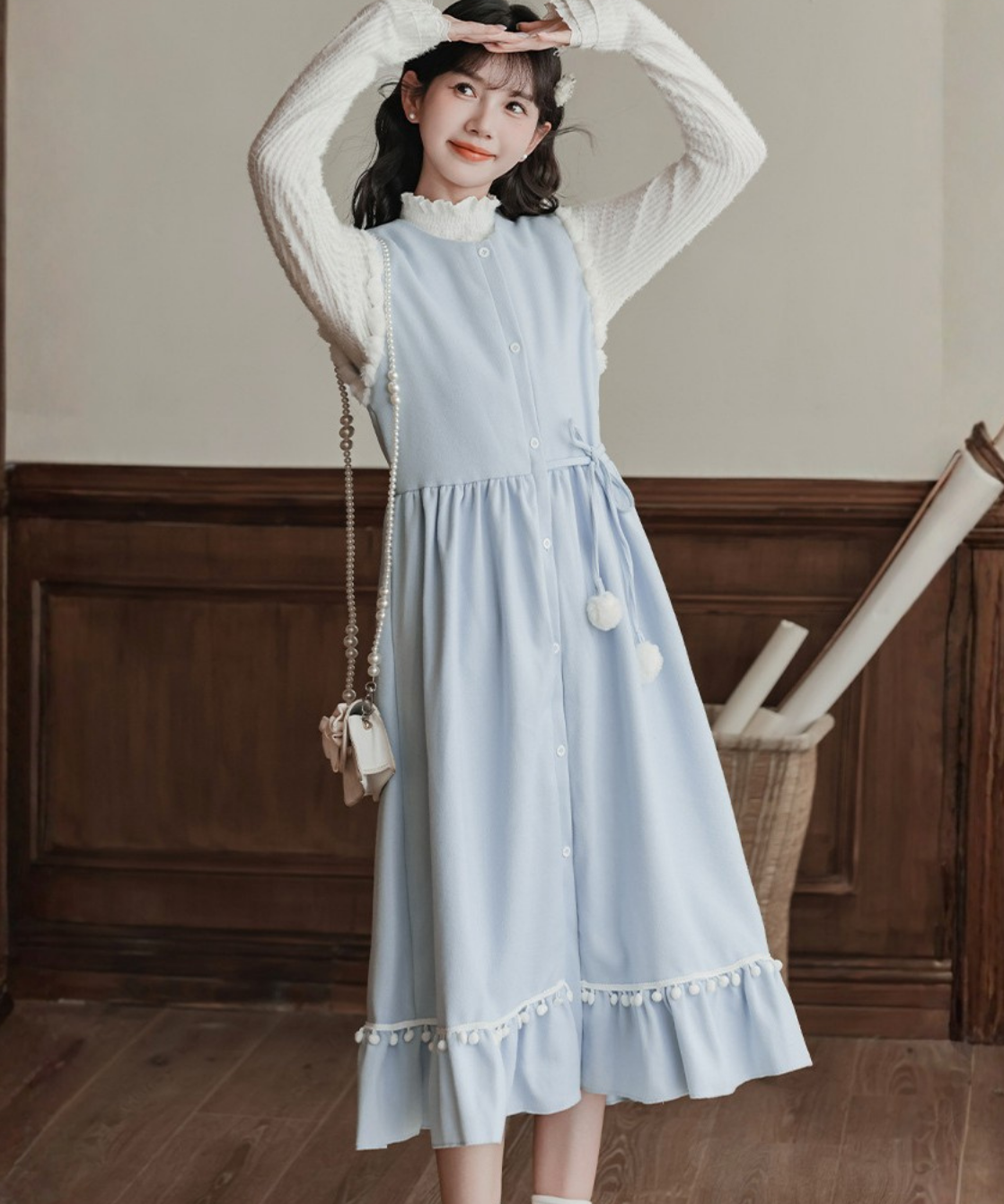 ポンポンリボンワンピース＋リブフリルニット 2点セット