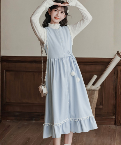 ポンポンリボンワンピース＋リブフリルニット 2点セット