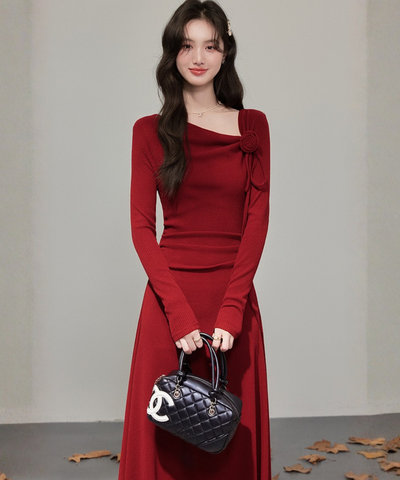 フラワーモチーフリボンリブニットワンピース