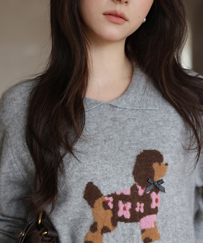 ドッグデザイン襟付きニット