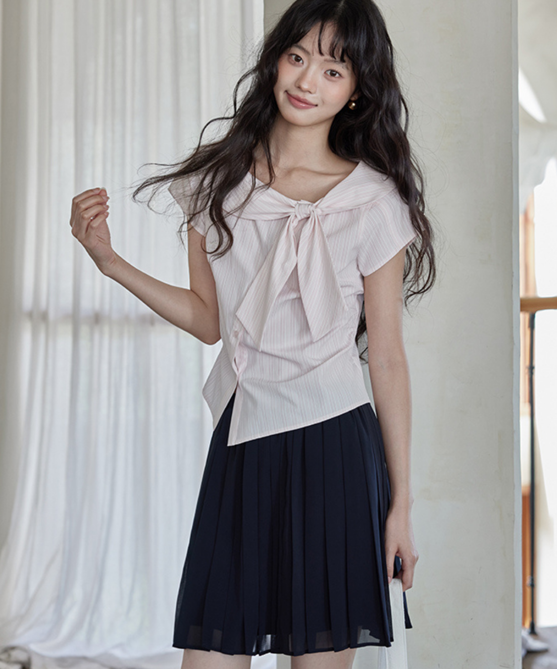 ショールカラービッグリボンストライプブラウス