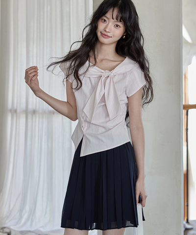 ショールカラービッグリボンストライプブラウス