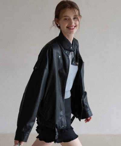 スタンドカラー ベルト付きフェイクレザーブルゾン