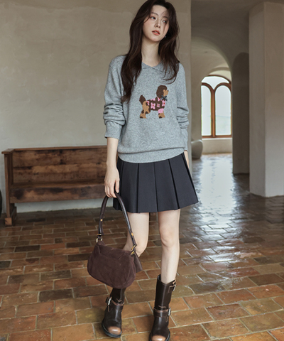 ドッグデザイン襟付きニット