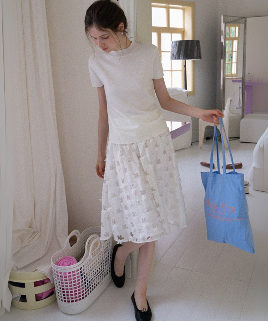 ハイウエストフラワーカットワークスカート