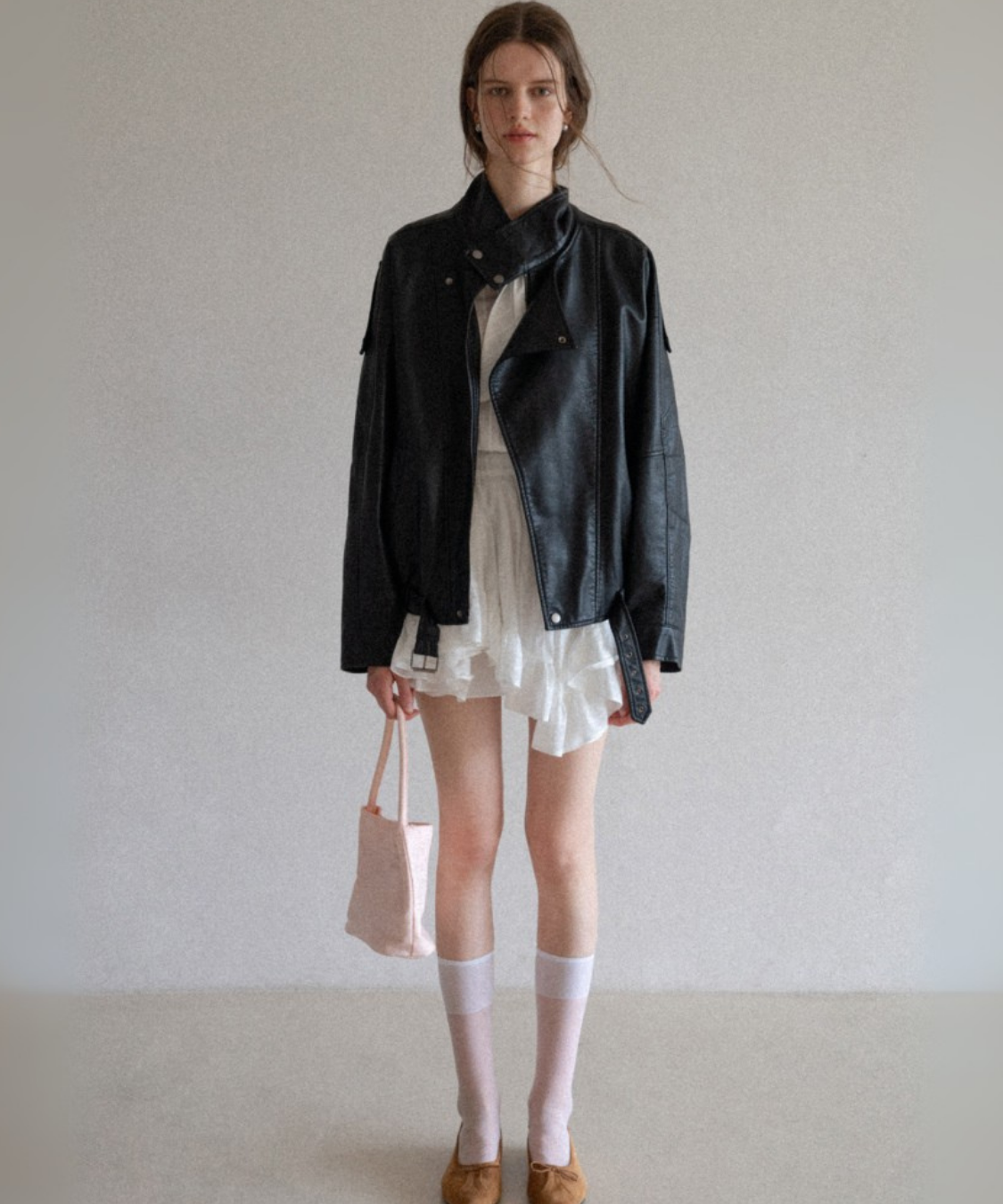 スタンドカラー ベルト付きフェイクレザーブルゾン